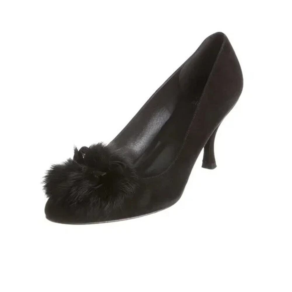 Stuart Weitzman Black Suede Pom-Pom Mid Heel Pump 8 m